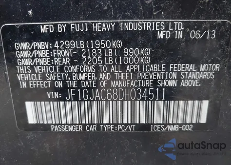 2013 Subaru Impreza 2.0I Premium z USA, uszkodzony, nr VIN JF1GJAC68DH034511